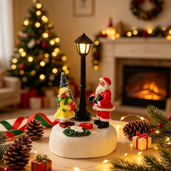 Light Up Christmas Mini Village Resin Figurine Winter Snow Scene, Glowing Desktop Ornament Xmas Village Statue for Home Office Tabletop Winter Christmas Holiday Decoration Gift