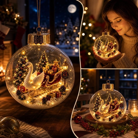 Light Up Christmas Ornament, LED Christmas Ball with Swan Sleigh Miniature Scene Transparent Hanging Bauble for Christmas Tree Window Mantel Shelf Holiday Home Decor and Seasonal Gift