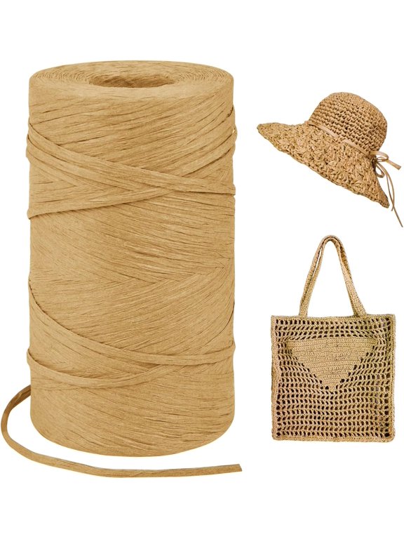 Light Coffee Raffia Yarn for Crochet Bags, 3mm x 328 Yards Flat String Paper Ribbon Gift Wrapping, Crocheting Sun Hat, Bag, DIY Crafts, Holiday Decoration Flat, 3mmx328yards