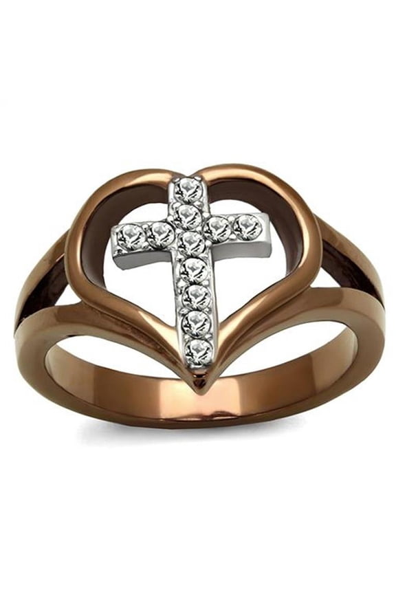 Light Coffee Stainless Steel Crystal Cross and Heart Fashion Ring Womens Size 6