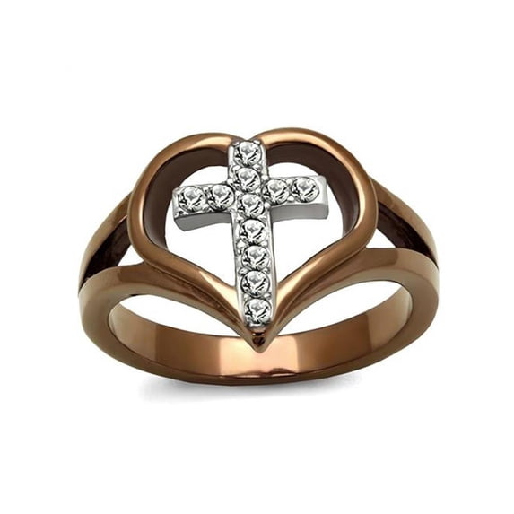 Light Coffee Stainless Steel Crystal Cross and Heart Fashion Ring Womens Size 8