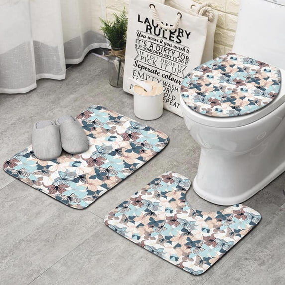 Light Color Butterfly Leaf Pattern Bathroom Rugs Sets 3 Piece,Toilet Cover Set,Absorbent Non Slip Bathroom Mats Sets with U-Shaped Contour Rug Toilet Rug Set