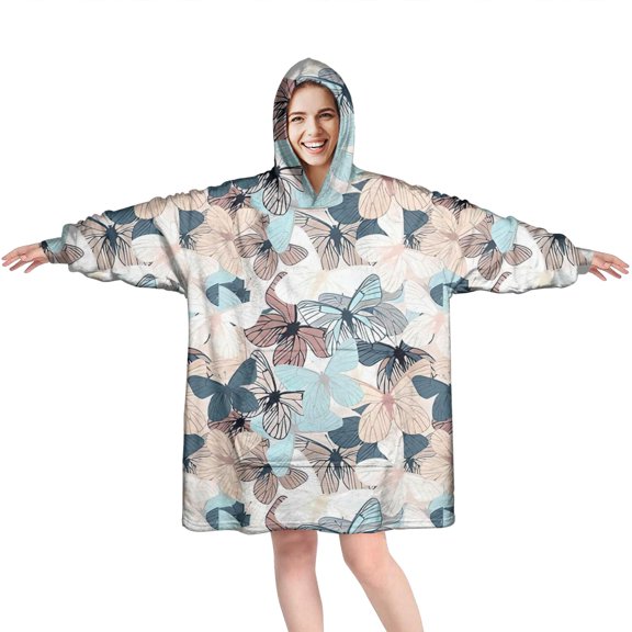 Light Color Butterfly Leaf Pattern Wearable Oversized Blanket,Wearable Blanket Hoodie for Adults,Cozy Hooded Blankets with Super Pockets,Super Warm Fuzzy Pullover for Women & Men