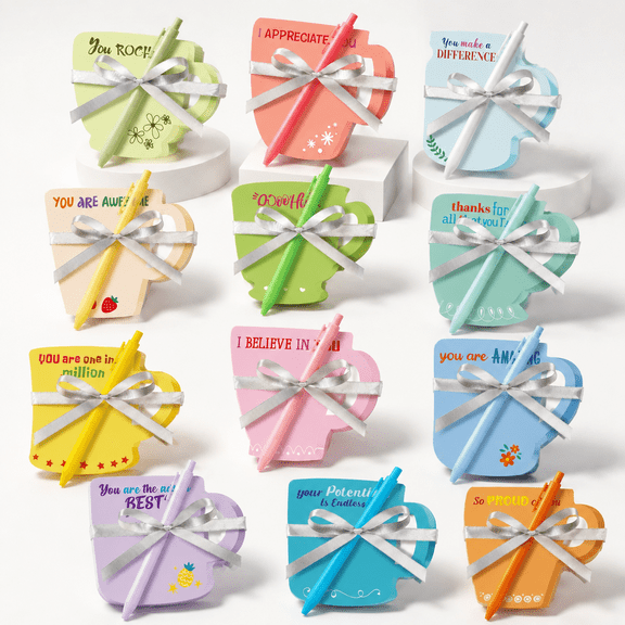 Light Color Inspirational Coffee Cup Sticky Notes with Pens and Ribbon Set
