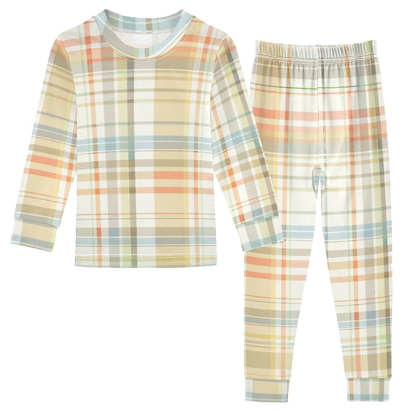 Light Color Plaid Cotton Pajama Set Long Sleeve Top and Pants Sleepwear Unisex 6Y
