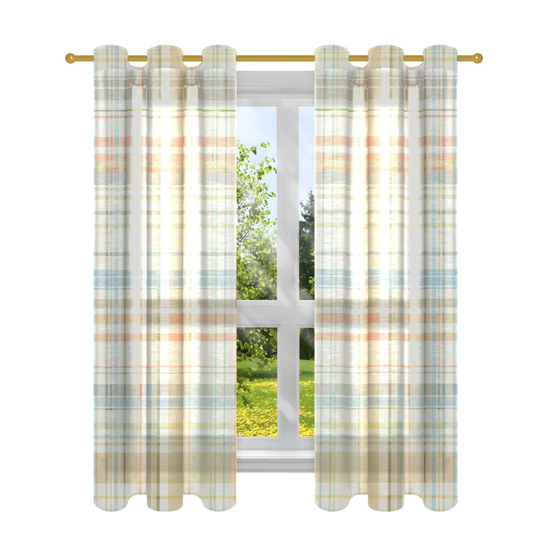 Light Color Plaid Window Curtains Decorative Drapes with Grommets