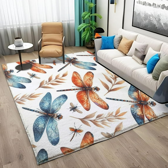 Light Color Print Machine Washable Area Rugs, Dragonfly Plant Leaves Rugs For Living Room, Non-Slip Throw Rug Carpet For Bedroom Dining Room Office Rug Decor 5x7ft