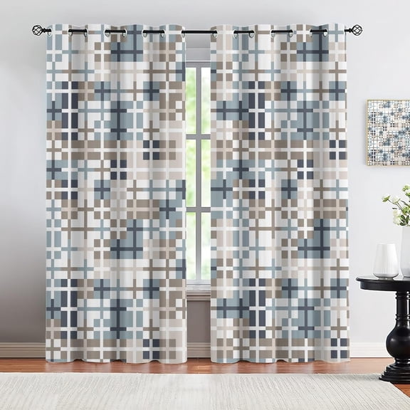 Light Colored Grid Grommet Curtains Blue Geometric Art Blackout Curtains Modern Grid Drapes Noise Reduction For Living Room Bedroom 38"W x 45"L (Pack of 2)