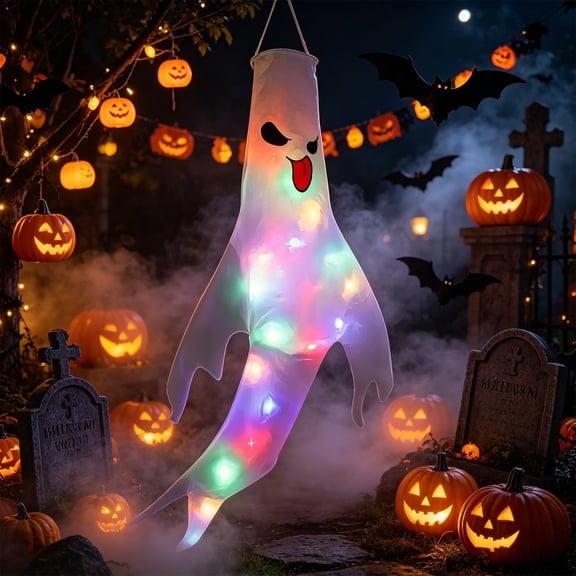 Light Up Colorful Ghost Windsock, LED Glowing Halloween Hanging Ghost Flag, Waterproof Spooky Wind Sock, Portable Ornament for Outdoor Indoor Yard Porch Party