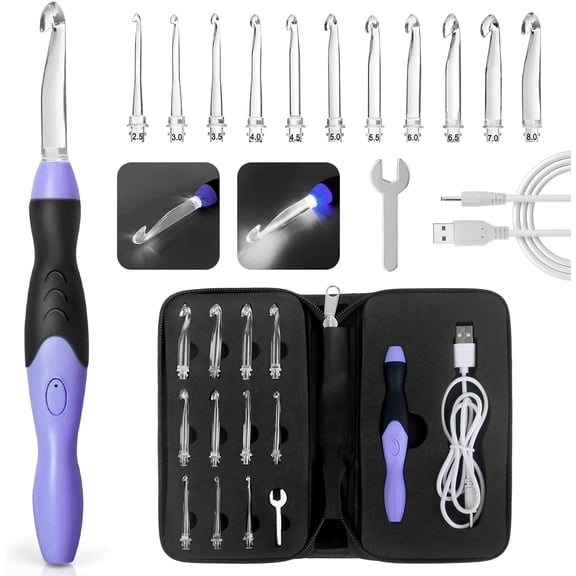 Light Up Crochet Hook Sets, 11 Sizes Interchangeable Lighted Crochet Hook Set, LED Rechargeable Crochet Hooks for Dark Yarn, Ergonomic Grip Crochet Kit for Beginners Crochet Needles Kit with Case
