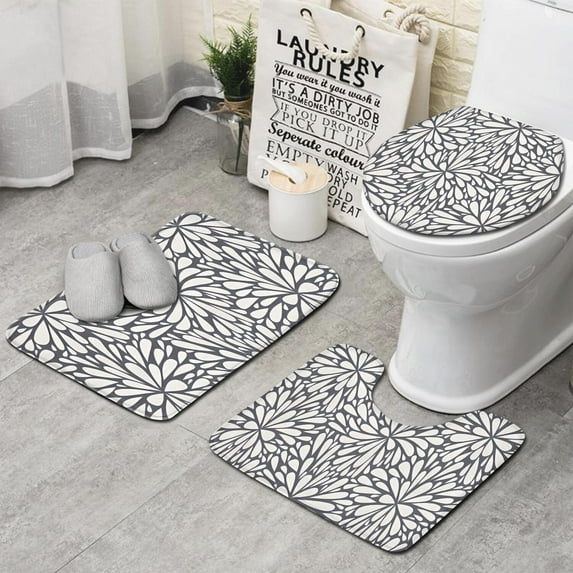 Light Dark Floral Burst Pattern Bathroom Rugs Sets 3 Piece,Toilet Cover Set,Absorbent Non Slip Bathroom Mats Sets with U-Shaped Contour Rug Toilet Rug Set
