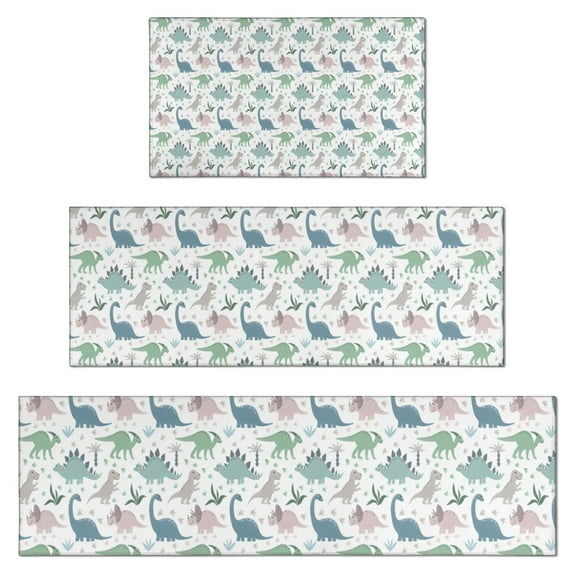 Light Dinosaurs Pastel Pattern Kitchen Rugs Sets Of 3,Kitchen Runner Rugs Non Skid Washable,Decorative Kitchen Floor Mats for Kitchen,Sink,Laundry,17"x30"+ 17"x47" + 17"x59"