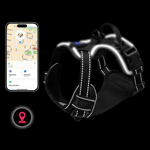 Tracker Dog Harness - Light Up Dog Vest for Night Walks, USB Rechargeable, Fits Small, Medium, and Large Dogs - Medium,Black