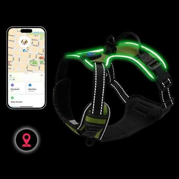 Tracker Dog Harness - Light Up Dog Vest for Night Walks, USB Rechargeable, Fits Small, Medium, and Large Dogs - Medium,Green