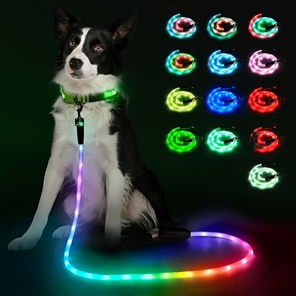 Light up Dog Leash with 15 Flashing Modes - Super Bright LED Dog Leash for Small Medium Large Dogs - Type-c Rechargeable Dogs Leashes Light (Multi-Color