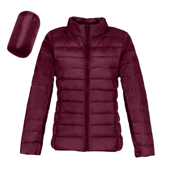 Light Down Jacket Womens Packable Stand Collar Full Zip Quilted Puffer Coat with Pockets Long Sleeve Solid Color (4XL, Wine)
