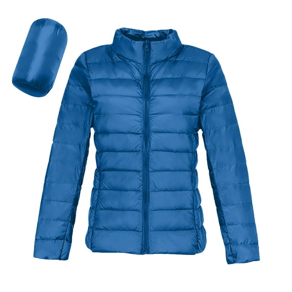 Light Down Jacket Womens Packable Stand Collar Full Zip Quilted Puffer Coat with Pockets Long Sleeve Solid Color (XL, Blue)