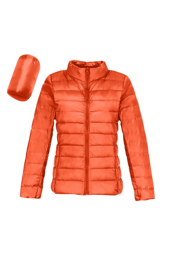 Light Down Jacket Womens Packable Stand Collar Full Zip Quilted Puffer Coat with Pockets Long Sleeve Solid Color (XL, Orange)