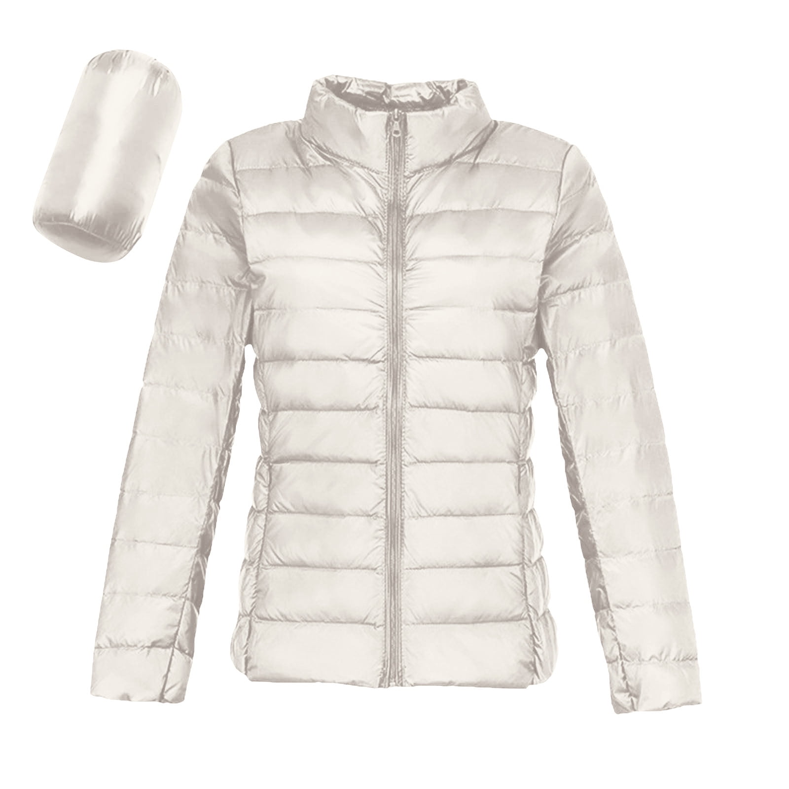 Light Down Jacket Womens Packable Stand Collar Full Zip Quilted Puffer Coat with Pockets Long Sleeve Solid Color (XL, White)