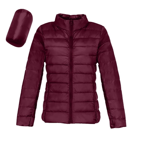 Light Down Jacket Womens Packable Stand Collar Full Zip Quilted Puffer Coat with Pockets Long Sleeve Solid Color (XL, Wine)