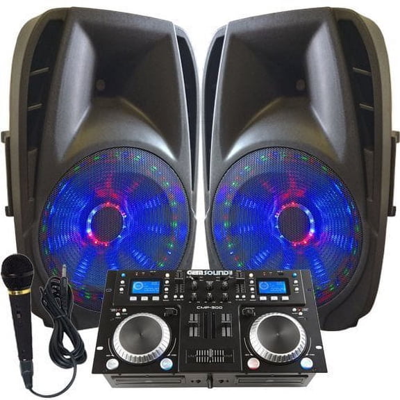 Light Em' UP! - Dj System - Lighted Powered 15" DJ Speakers - 1600 Watts - Bluetooth, USB,  FM Radio or plug in your laptop or iPhone - Plug and Play - Light Show Included