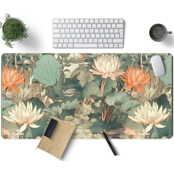 Light Emerald and Orange Floral Desk Mat, XXL Large Extended Mouse Pad Gaming Desk Pad, Aesthetic Asian Lotus Flower Big Laptop Keyboard and Mouse Mat for Women Desktop Office Decor 31.5x15.7 in