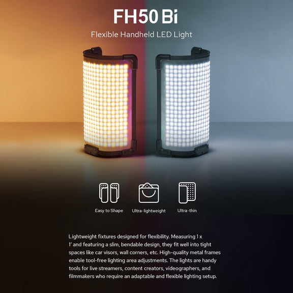 FH50Bi Flexible LED Light 62W Bi-color Photography Light 2800K-6500K CRI Greater Than Or Equal To 97 With 11 Lighting Effects Support BT Connection App Control