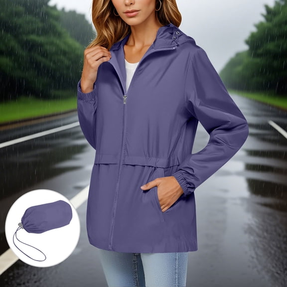Light Fall Jacket Women Casual New Packable Rain Jacket Women Waterproof Lightweight Hooded Outdoor Raincoat Windbreaker Travel Hiking Outerwear Purple XXL