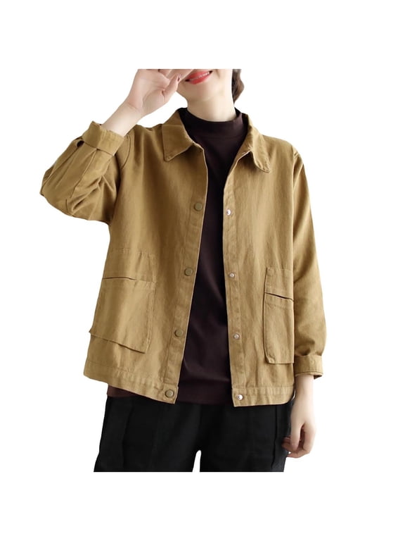 Light Fall Jacket Women New Womens Oversized Casual Jackets Lightweight Loose Outerwear Cotton Button down Dressy Solid Color Coats Khaki M