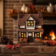 Light Up Fall Mini House Figurine, 3D Resin Pumpkin Miniature Cottage with Lamp, Vintage Farmhouse Tiered Tray Tabletop Decor, Halloween Autumn Thanksgiving Mantel Ornament