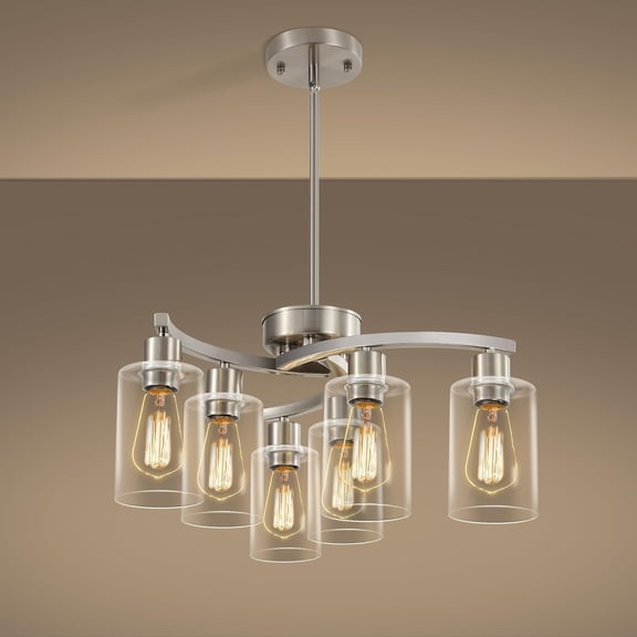 Light Farmhouse Brushed Nickel Chandelier, Modern Chandeliers for Dining Room Light Fixtures Over Table, Pendant Lights Kitchen Island, Metal Bracket with Downward Clear Glass Shade
