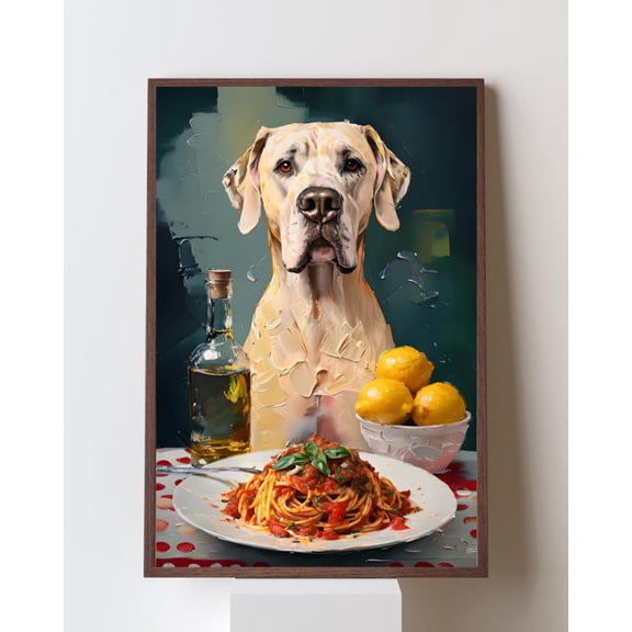 Light Fawn Great Dane Wall Art, Italian Kitchen Decor, Dog And Spaghetti Impasto, Cream Great Dane Dining Room Unframed Paper Print