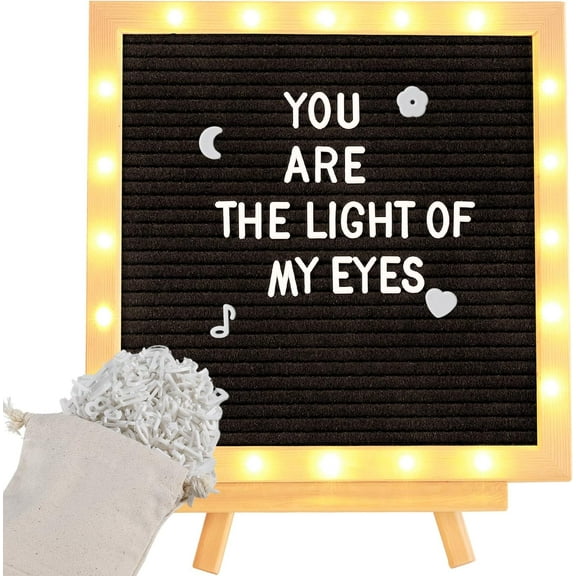 Light up Felt Letter Board Sign with LED Lights - 10 × 10in Changeable Message Board Wall Mounted with Tripod Stand 470 Letters for Birthday Housewarming Gifts Parties Home Decor Black