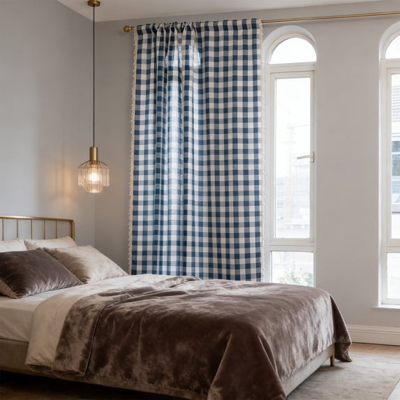 Light Filtering Gingham Plaid Curtain 55.12x23.62 Inch Rod Pocket Farmhouse Curtain With Fringe Trim For Kitchen Living Room Bedroom