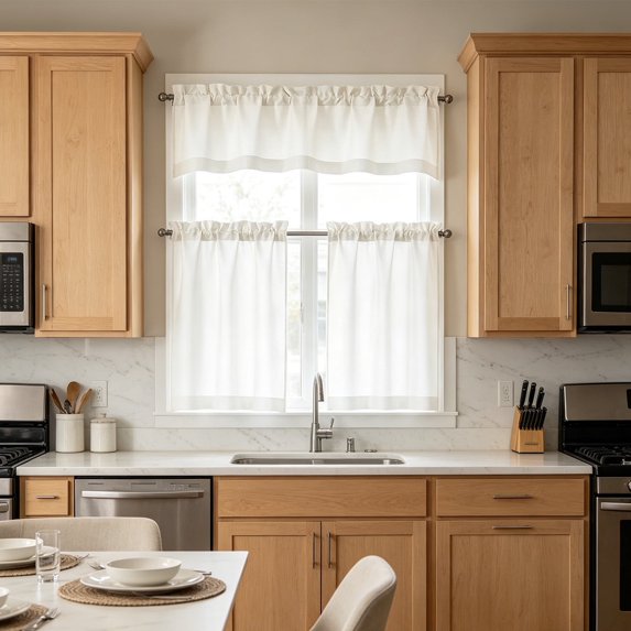 Light Filtering Kitchen Curtain Set 30W x 14/45H Inch Tier And Valance Set Rod Pocket Semi Sheer Curtains For Kitchen Bathroom