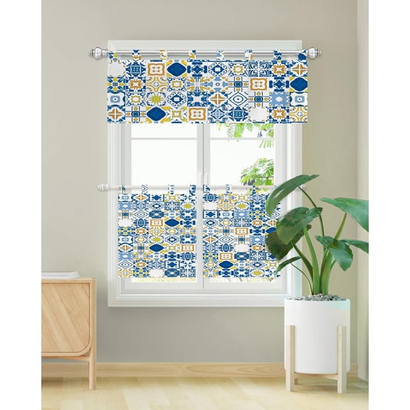 Light Filtering Kitchen Window Curtains Valances and Tiers Set, Moroccan Portuguese Tile Patterns Bohemian Print Rod Pocket Curtains Living Room Bedroom Bathroom Valance 3 Piece Set
