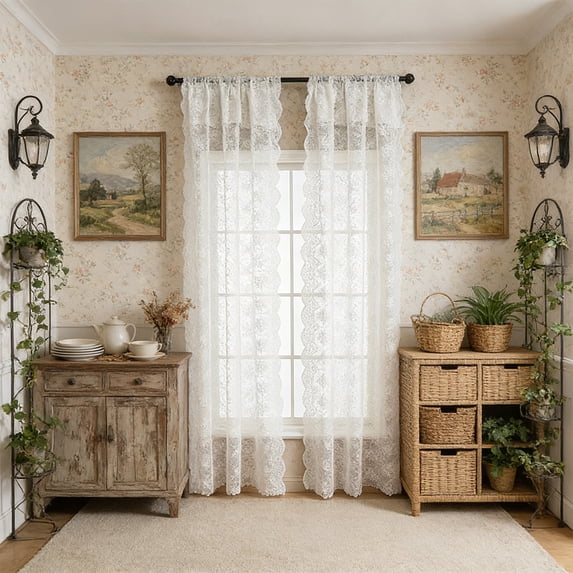 Light Filtering Lace Curtain - No Drill Sheer Drape For Bedroom Living Room Office Window Treatment
