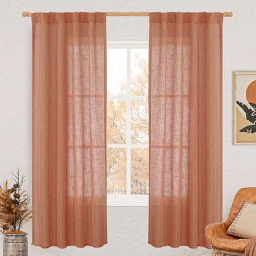 Light Filtering Linen Curtains 72 inches Long for Bedroom, Linen Textured Semi Sheer Back Tab and Rod Pocket Boho Drapes for Window/Living Room, Terracotta, 2 Panels, 34 x 72 Inch