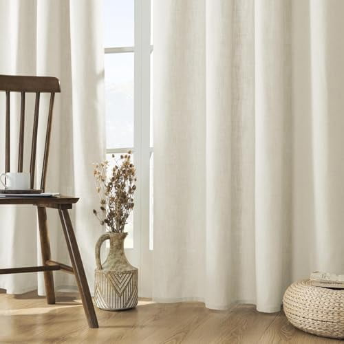 Light Filtering Linen Curtains 96 Inch Length 2 Panel Set for Living Room Bedroom, 52 Inch Wide Drapes with Rod Pocket and Back Tab, Ivory on Linen Fabric (96" L x 52" W)