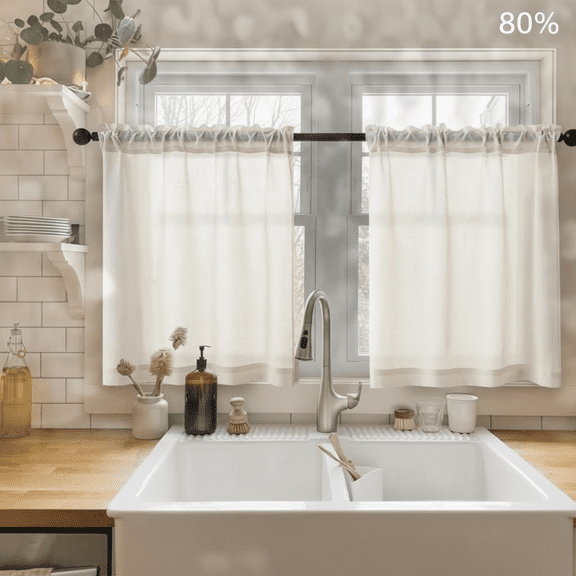 Light Filtering Semi Sheer Linen Curtain Panels for Small Windows, 36x24 Inch Natural Cafe Curtains with Dual Rod Pocket for Kitchen Basement Front Door, 2 Panels Boho Tier Style