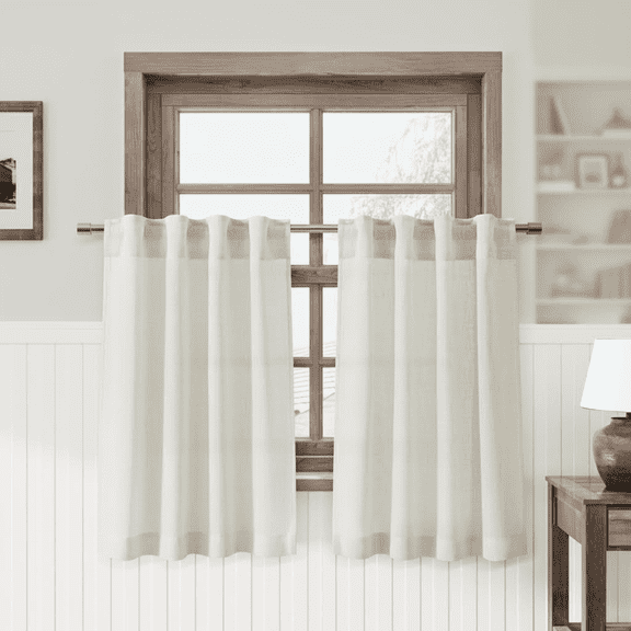 Light Filtering Semi Sheer Short Curtains 30x30 Inches, Pleated Natural Linen with Back Tab & Rod Pocket for Kitchen, Bathroom, Basement Small Windows, Cream Color