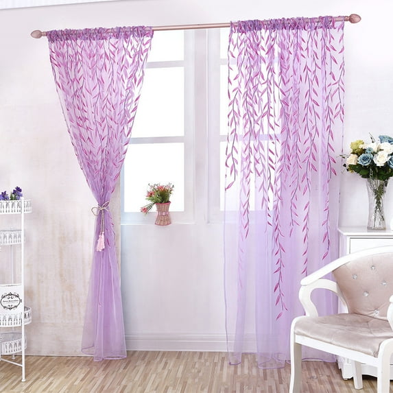 Light Filtering Voile Curtain Panel - Pastoral Print Sheer Drape for Living Room Bedroom Soft Diffused Light Privacy Window Treatment(Purplem)
