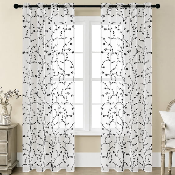 Light Filtering Voile Drapes 98.43 x 59.06 Inch for Sliding Glass Door, White Embroidered Floral Sheer Curtains, Linen Textured Semi Sheer Grommet Window Curtains, Curtains and Valances
