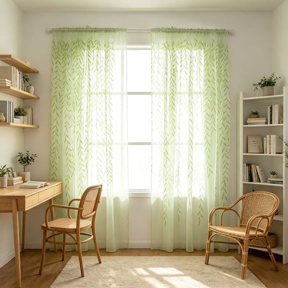 Light Filtering Window Drapes Leaf Print Sheer Voile Curtain Panel For Living Room Balcony Green 78 In