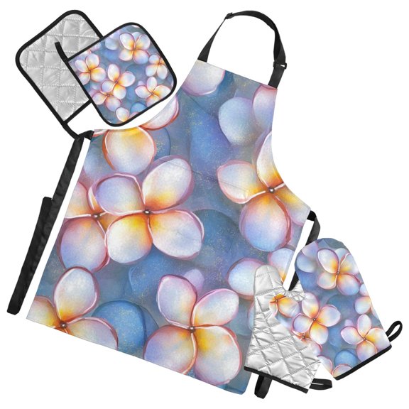 Light Floral Design Oven Mitts and Pot Holders with Chef Apron Set 5 Pcs Kitchen Cooking Set