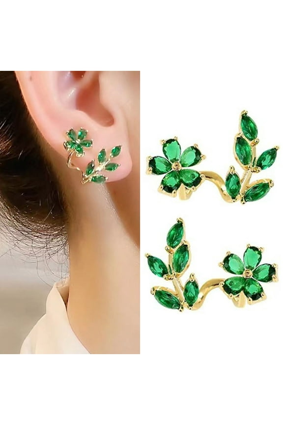 Light Flower Leaf Clip on Earrings for Women Summer Fashion Green Rhinestone Gold Earrings without Piercing Jewelry