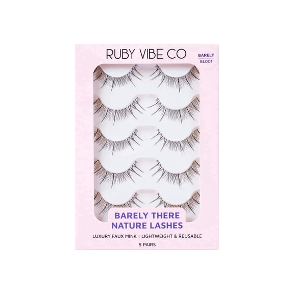 RUBY VIBE CO Light Flutter BL001 Natural Strip Lashes, 5 Pairs Clear Band Feather-Light False Eyelashes
