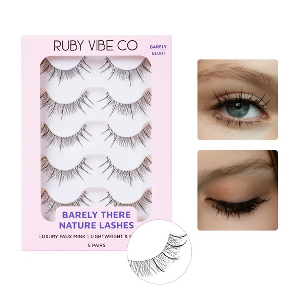 RUBY VIBE CO Light Flutter BL001 Natural Strip Lashes, 5 Pairs Clear Band Feather-Light False Eyelashes