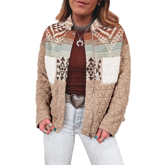 Light French Beige Aztec Quilted Patchwork Western Fashion Jacket for Women - [ZhiHiMeRi] | L