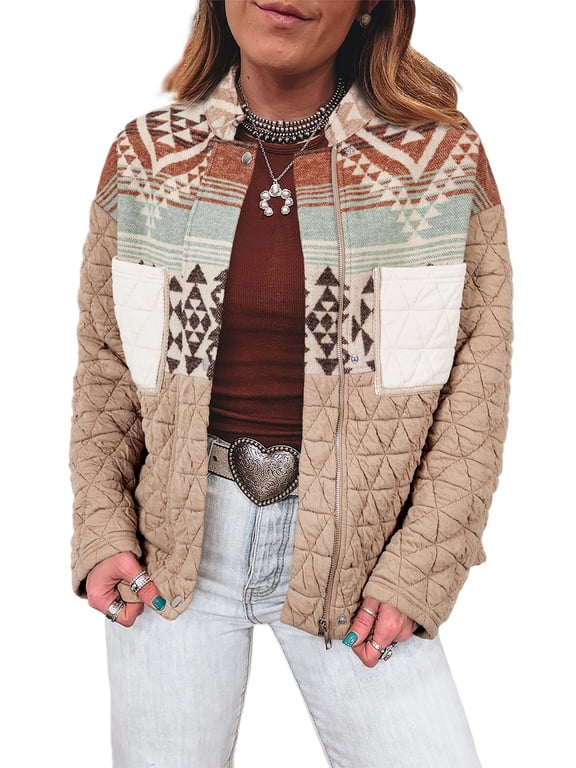 Light French Beige Aztec Quilted Patchwork Western Fashion Jacket for Women - [ZhiHiMeRi] | L
